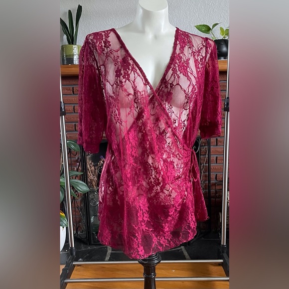 Plumb Brand Wrap Lace Top Burgundy 23” Ptp - Picture 2 of 6